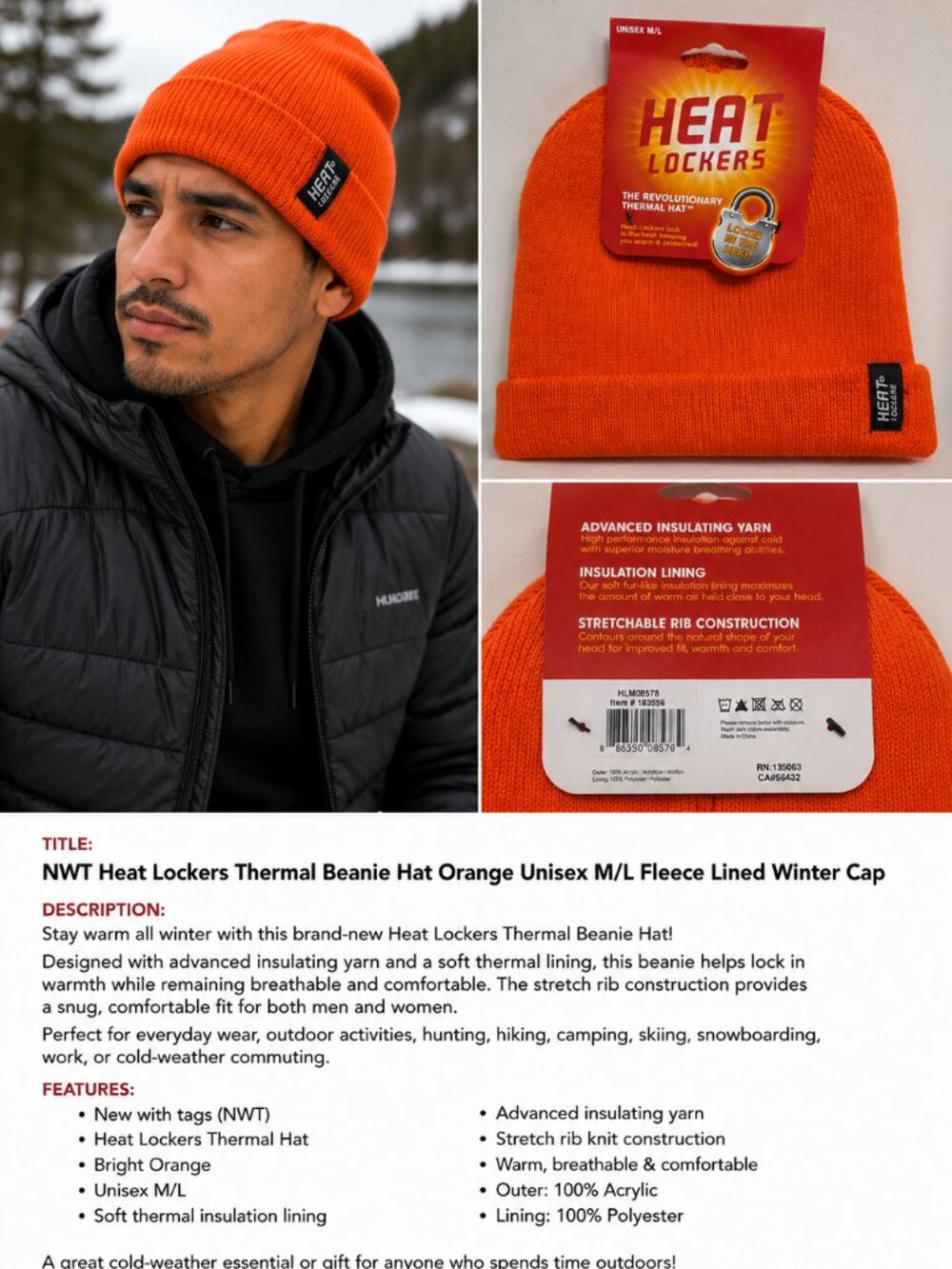Heat Lockers Thermal Beanie Hat Orange Unisex M/L Fleece Lined Winter Cap